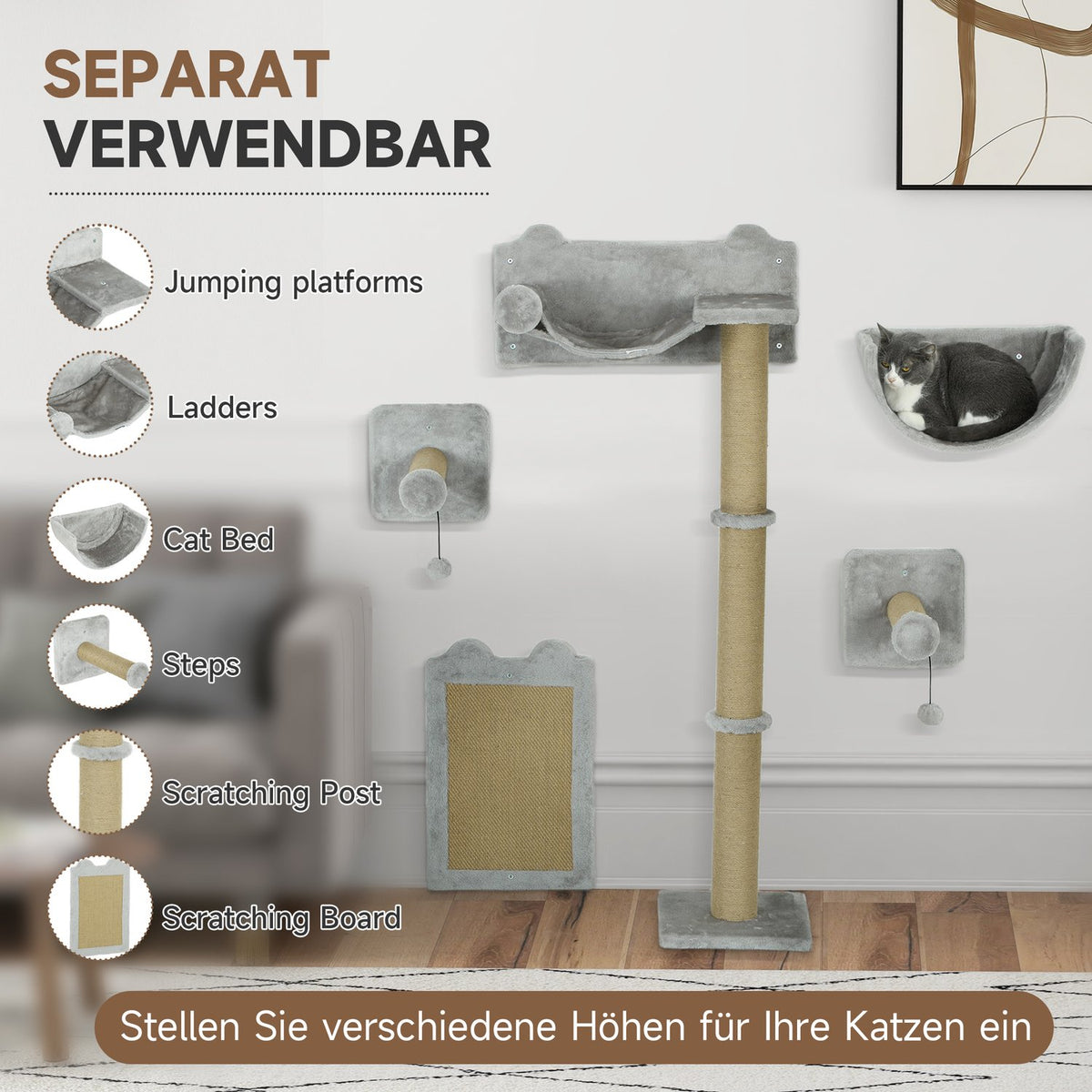 Cat climbing wall 5 pieces. Climbing cat scratching post with scratching posts, hammock, jumping platform, wall scratching post, wall cat furniture for cats up to 5 kg, polyester, light gray