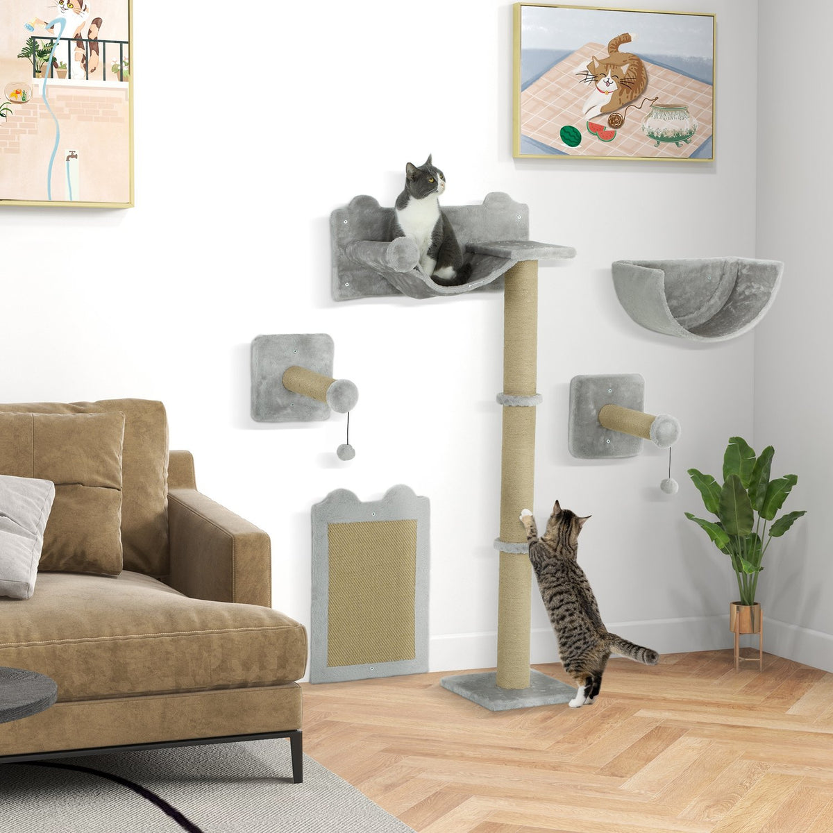 Cat climbing wall 5 pieces. Climbing cat scratching post with scratching posts, hammock, jumping platform, wall scratching post, wall cat furniture for cats up to 5 kg, polyester, light gray