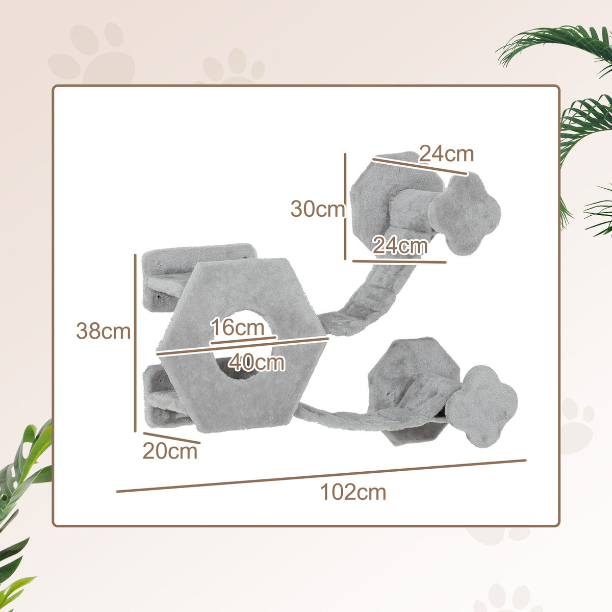 Cat climbing wall, cat lounger with steps, cat cave, diving tower, toy ball, cat platform for cats up to 5 kg, light gray