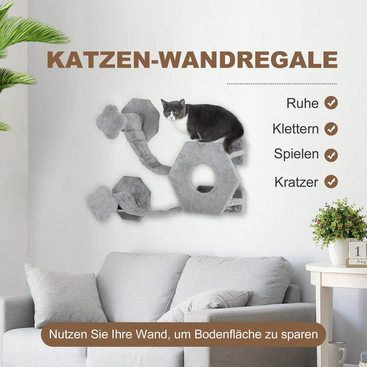 Cat climbing wall, cat lounger with steps, cat cave, diving tower, toy ball, cat platform for cats up to 5 kg, light gray