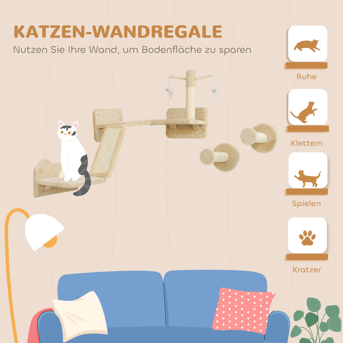 Cat climbing wall set, 3-piece cat furniture with scratching board, jumping plates, scratching post, play ball, for cats up to 5 kg, sisal, beige
