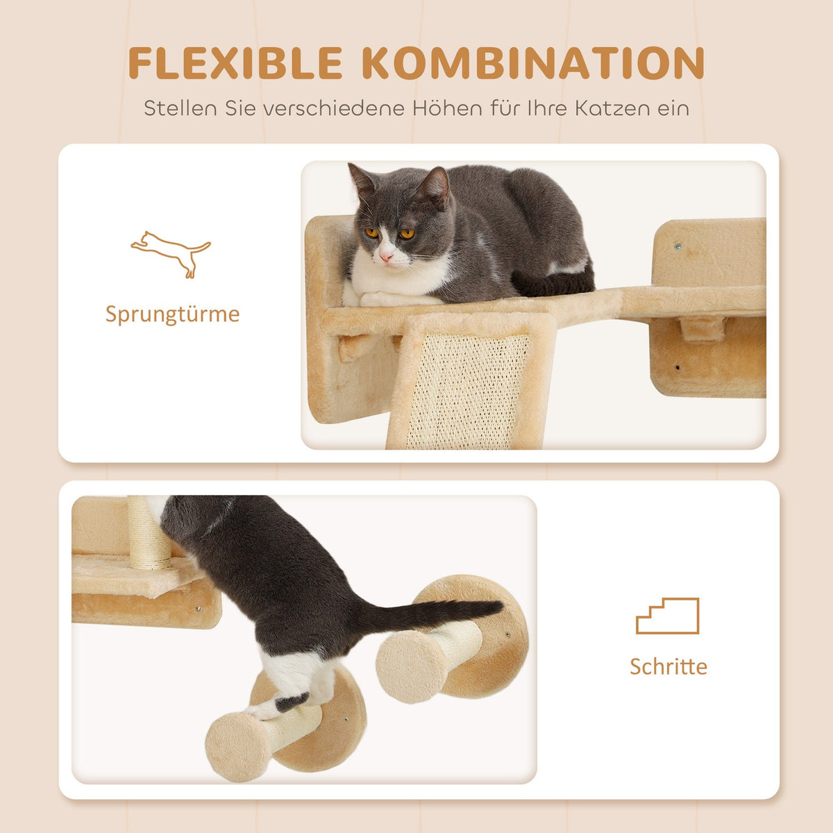Cat climbing wall set, 3-piece cat furniture with scratching board, jumping plates, scratching post, play ball, for cats up to 5 kg, sisal, beige