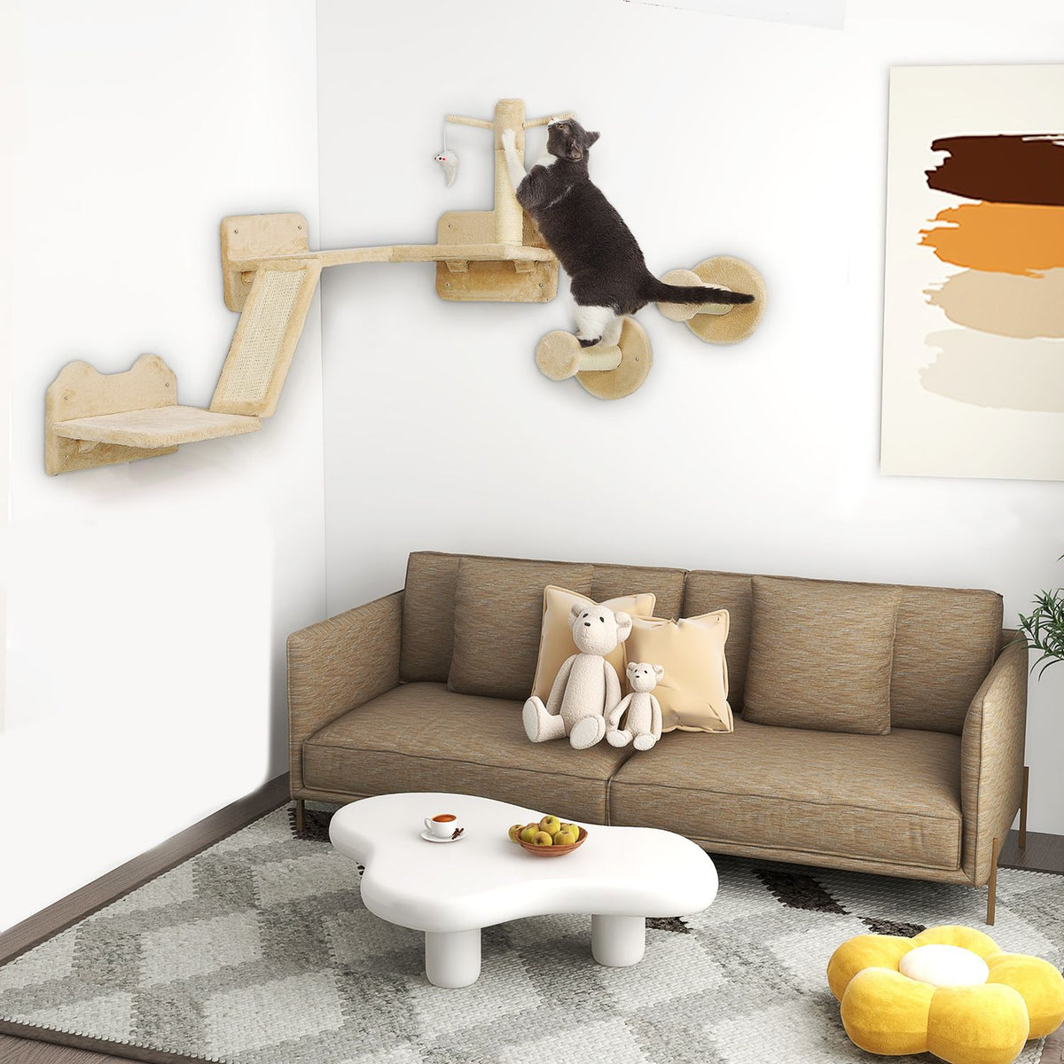 Cat climbing wall set, 3-piece cat furniture with scratching board, jumping plates, scratching post, play ball, for cats up to 5 kg, sisal, beige
