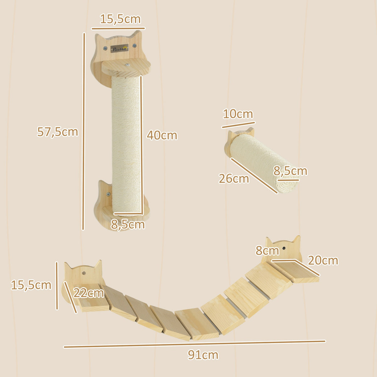 Cat climbing wall set, 3-piece cat furniture with scratching post, step plate, ladder, wall scratching post for cats up to 5 kg, made of pine wood, natural wood
