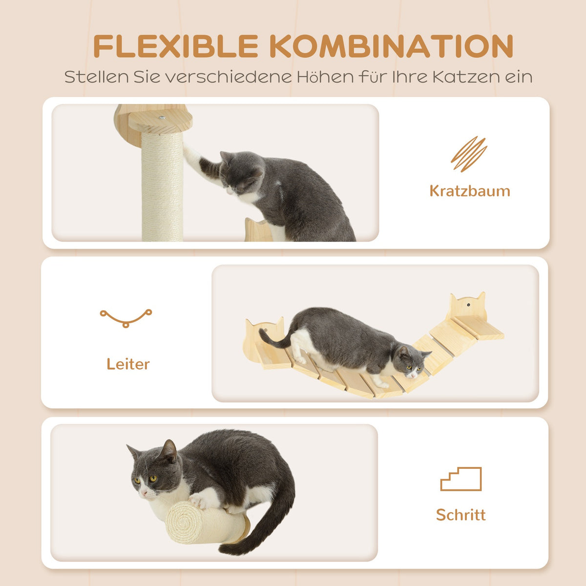 Cat climbing wall set, 3-piece cat furniture with scratching post, step plate, ladder, wall scratching post for cats up to 5 kg, made of pine wood, natural wood