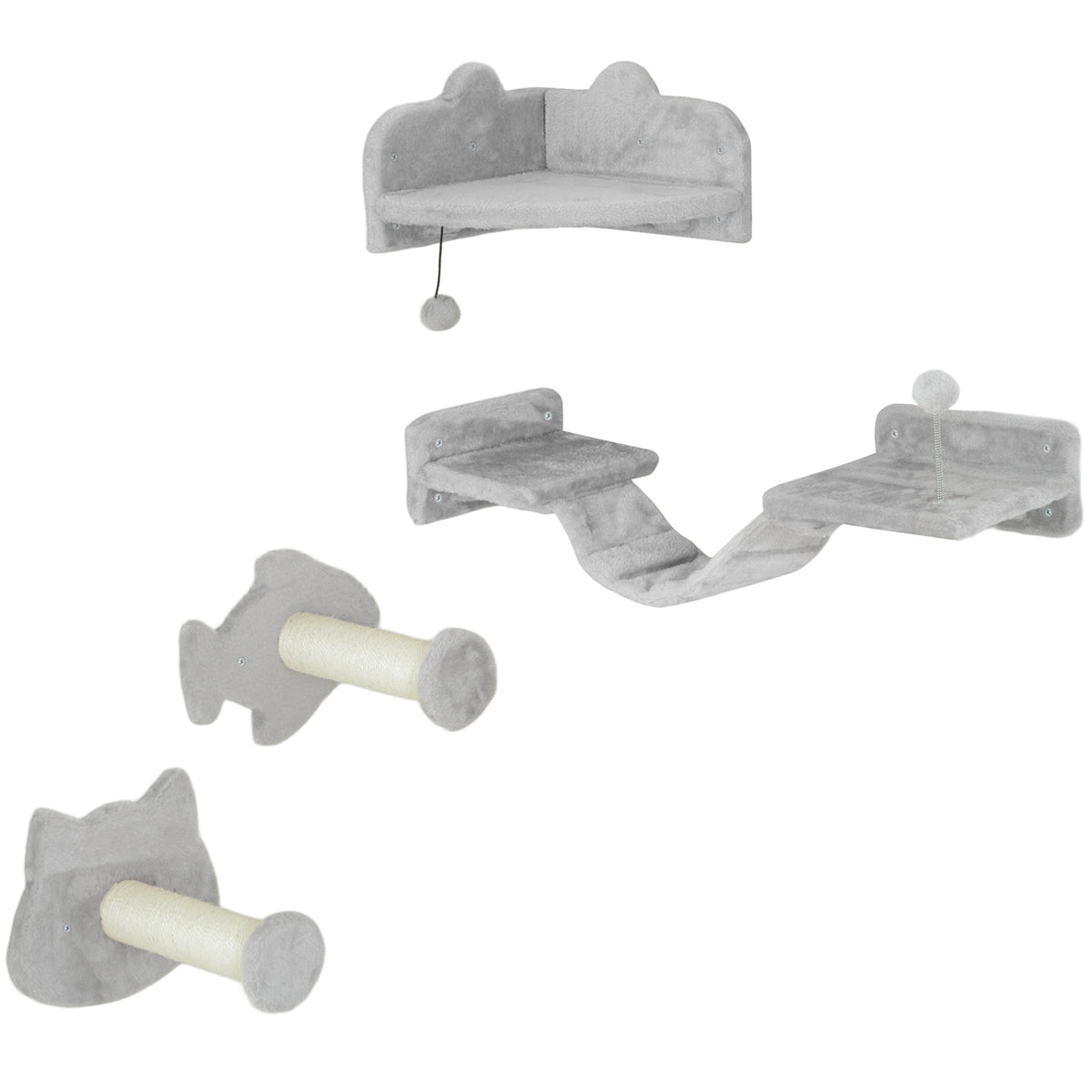 Cat climbing wall set, 4-piece cat furniture with steps, ladder, diving boards, scratching posts, play ball, sisal, for cats up to 5 kg, light gray