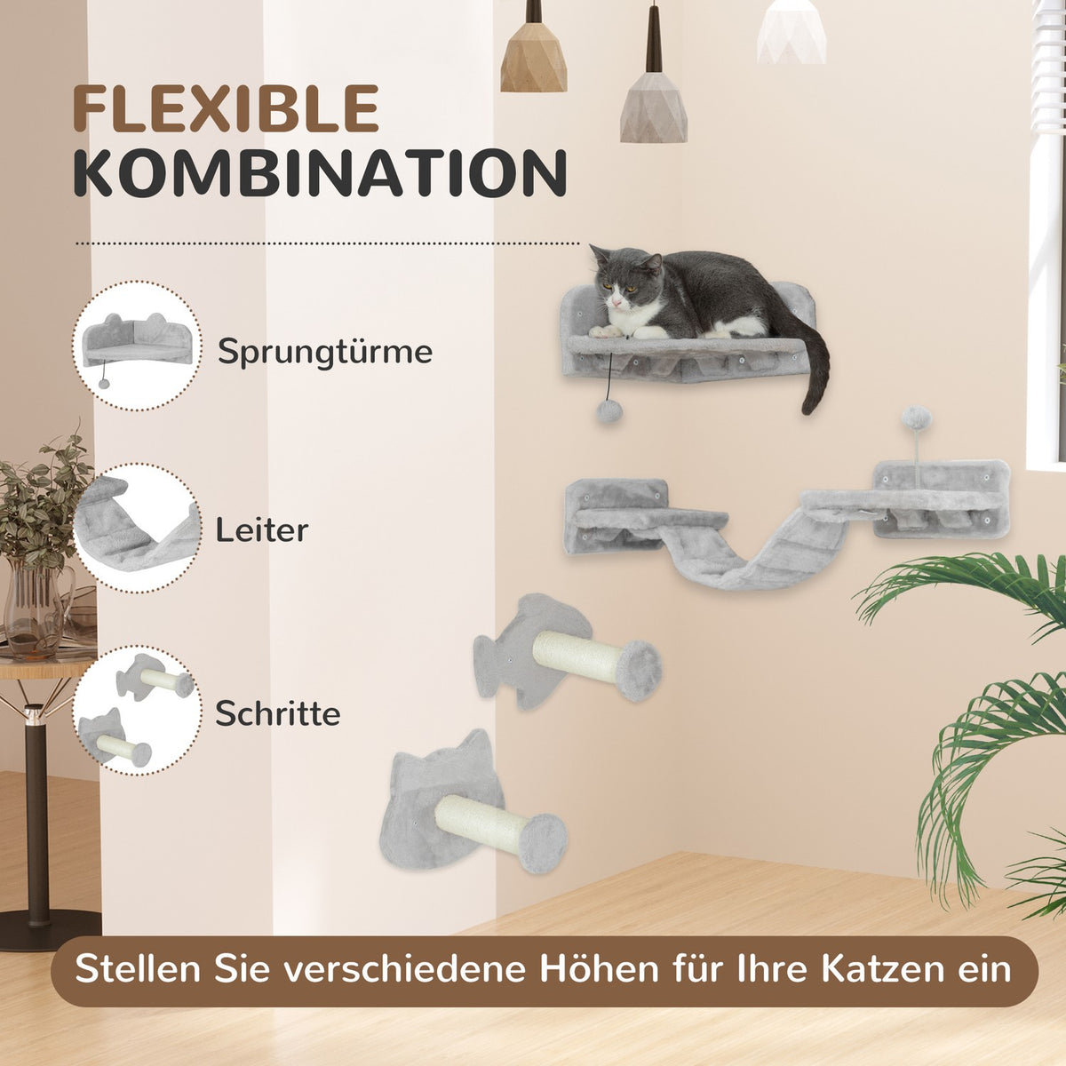 Cat climbing wall set, 4-piece cat furniture with steps, ladder, diving boards, scratching posts, play ball, sisal, for cats up to 5 kg, light gray
