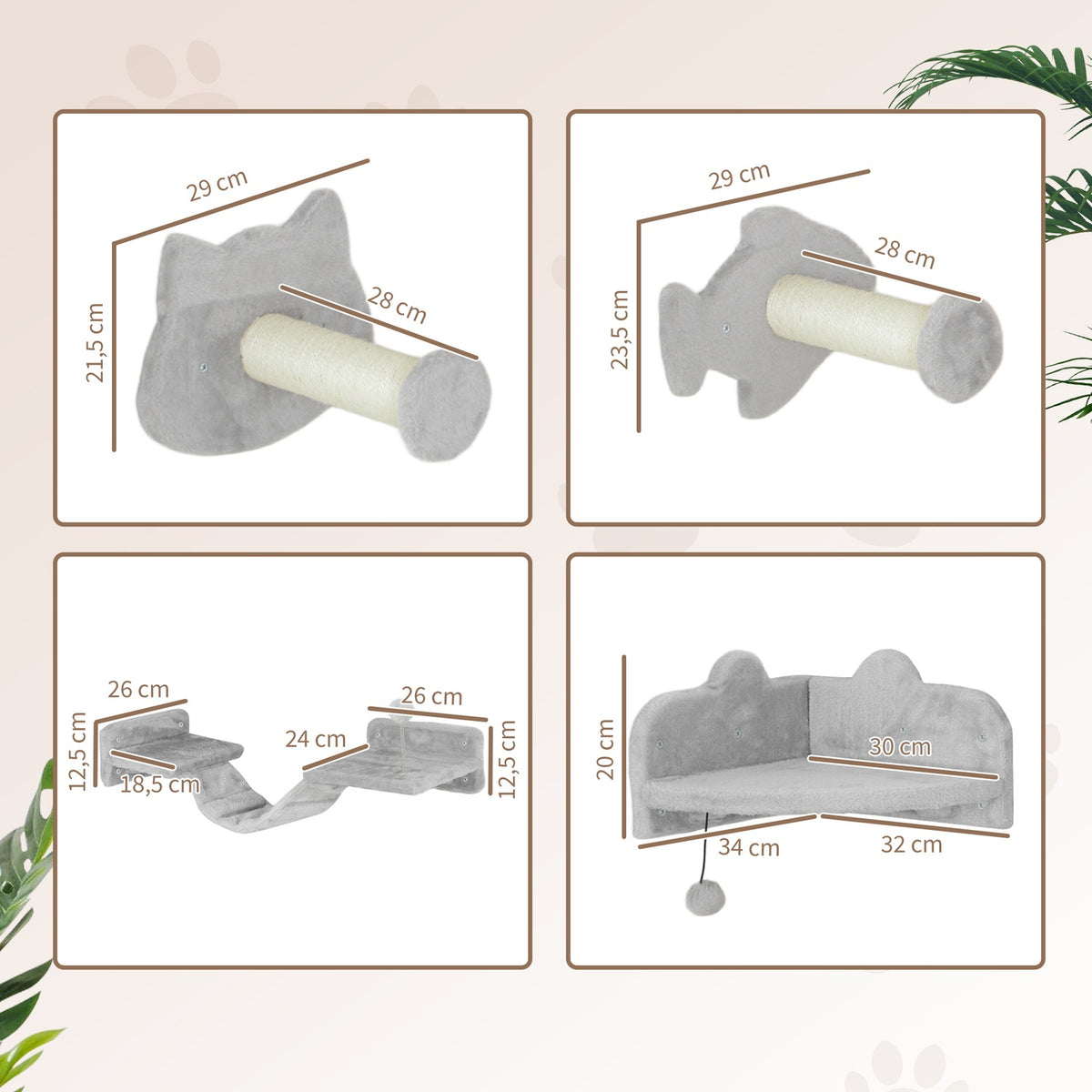 Cat climbing wall set, 4-piece cat furniture with steps, ladder, diving boards, scratching posts, play ball, sisal, for cats up to 5 kg, light gray
