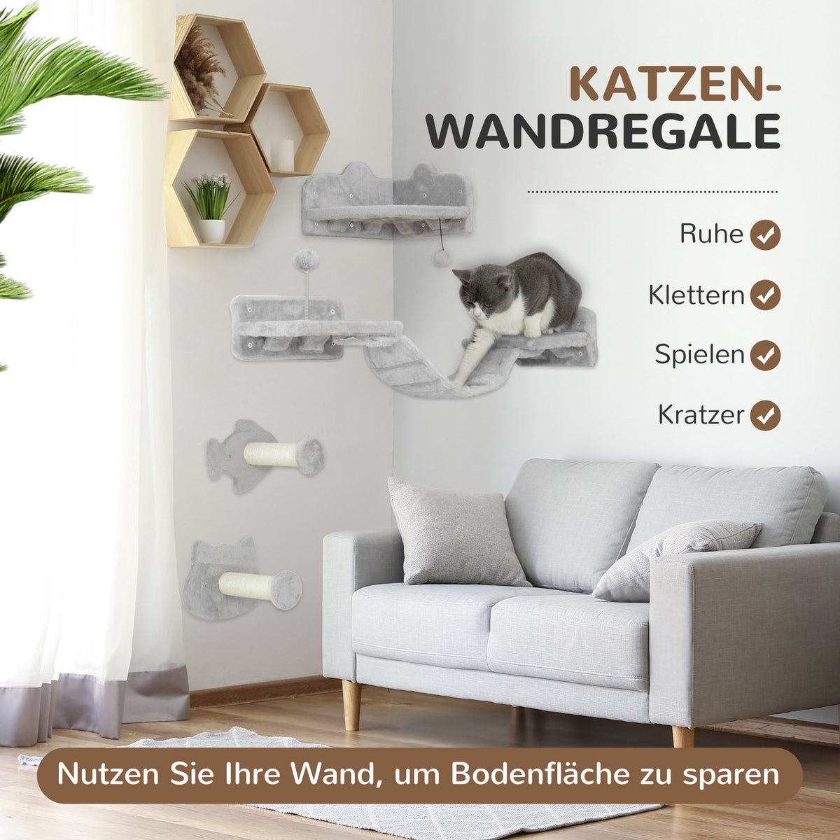 Cat climbing wall set, 4-piece cat furniture with steps, ladder, diving boards, scratching posts, play ball, sisal, for cats up to 5 kg, light gray