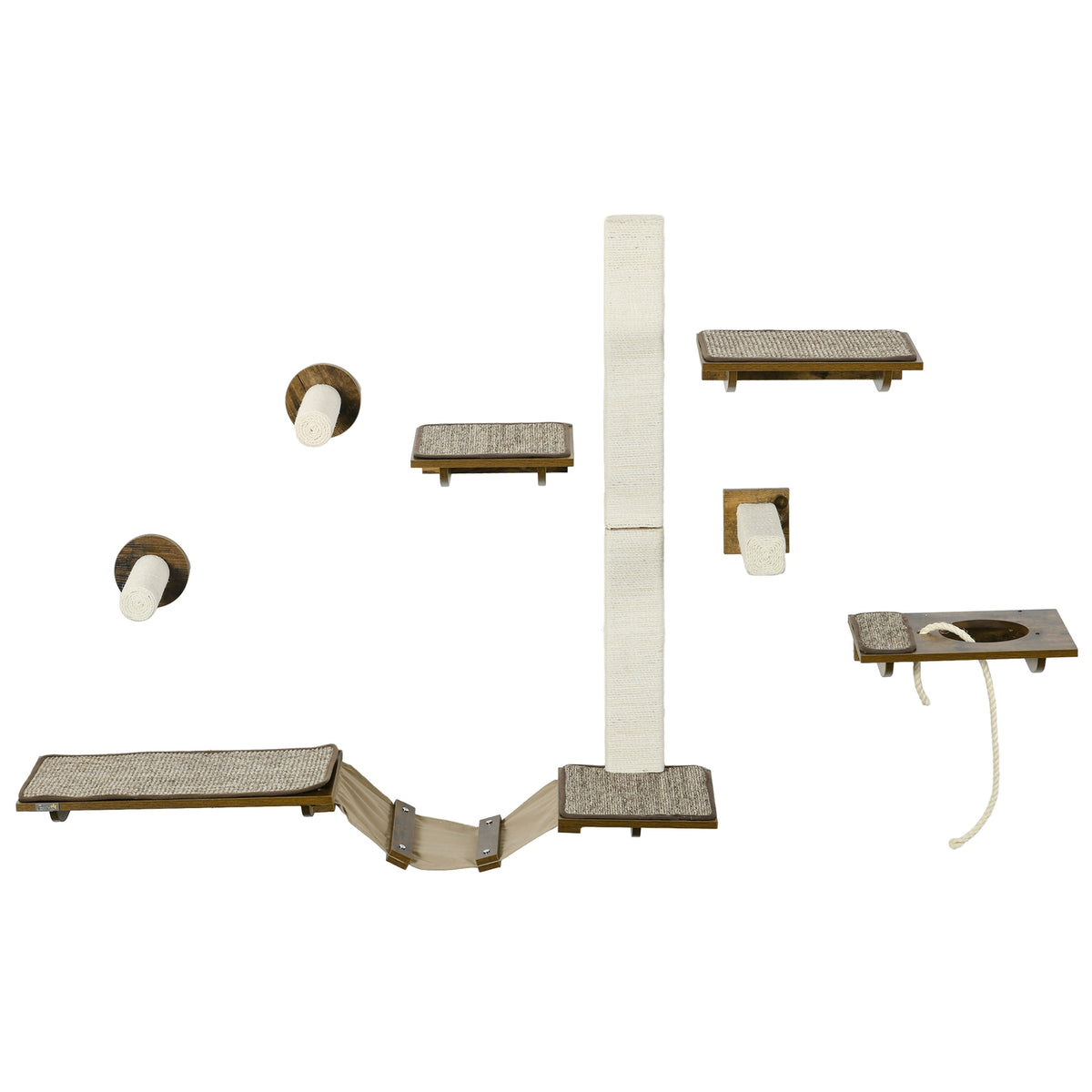 Cat climbing wall set, 8 pieces cat furniture with scratching posts, perches, scratching board, cat stairs, sisal, brown