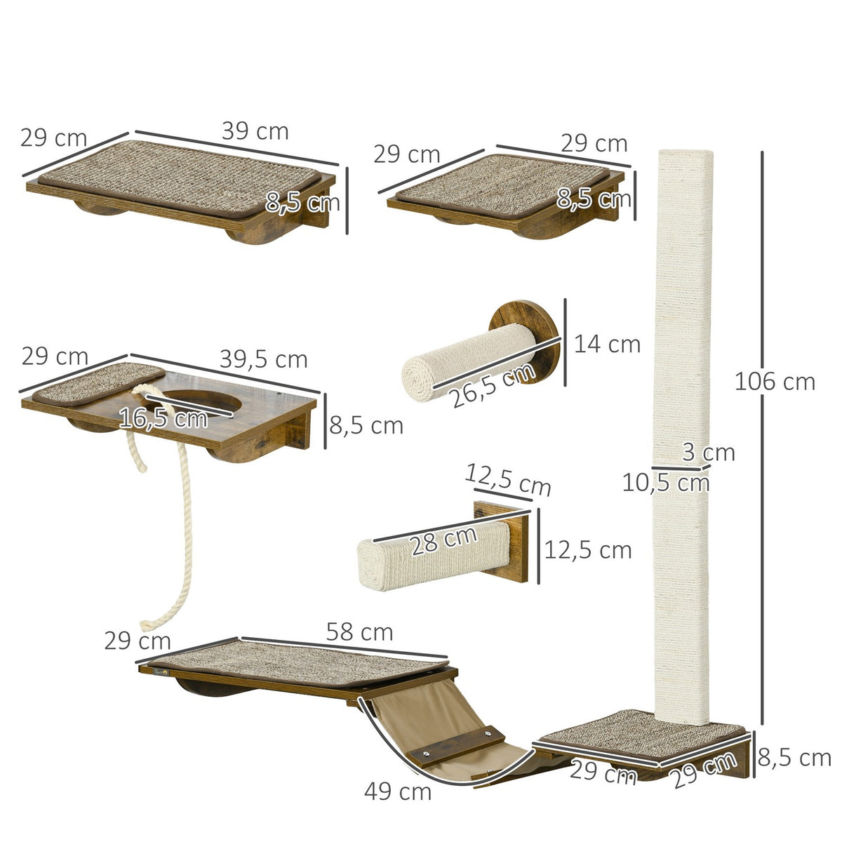 Cat climbing wall set, 8 pieces cat furniture with scratching posts, perches, scratching board, cat stairs, sisal, brown