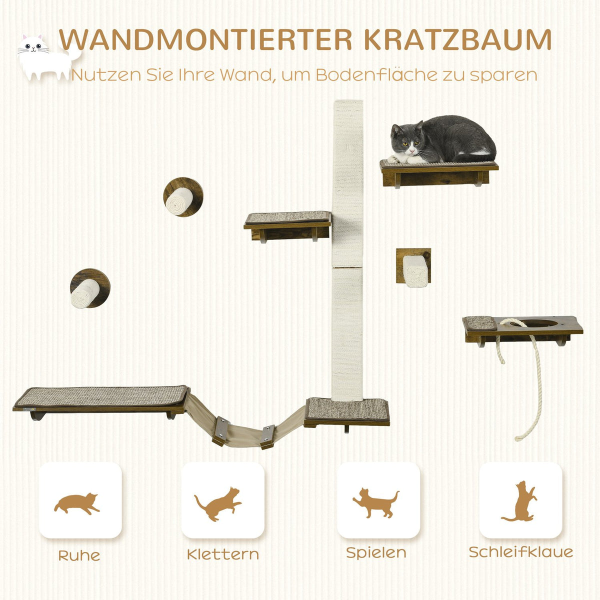 Cat climbing wall set, 8 pieces cat furniture with scratching posts, perches, scratching board, cat stairs, sisal, brown