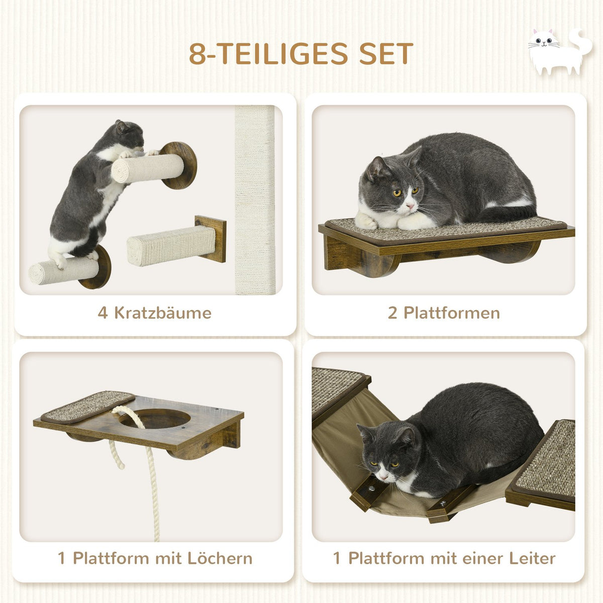 Cat climbing wall set, 8 pieces cat furniture with scratching posts, perches, scratching board, cat stairs, sisal, brown