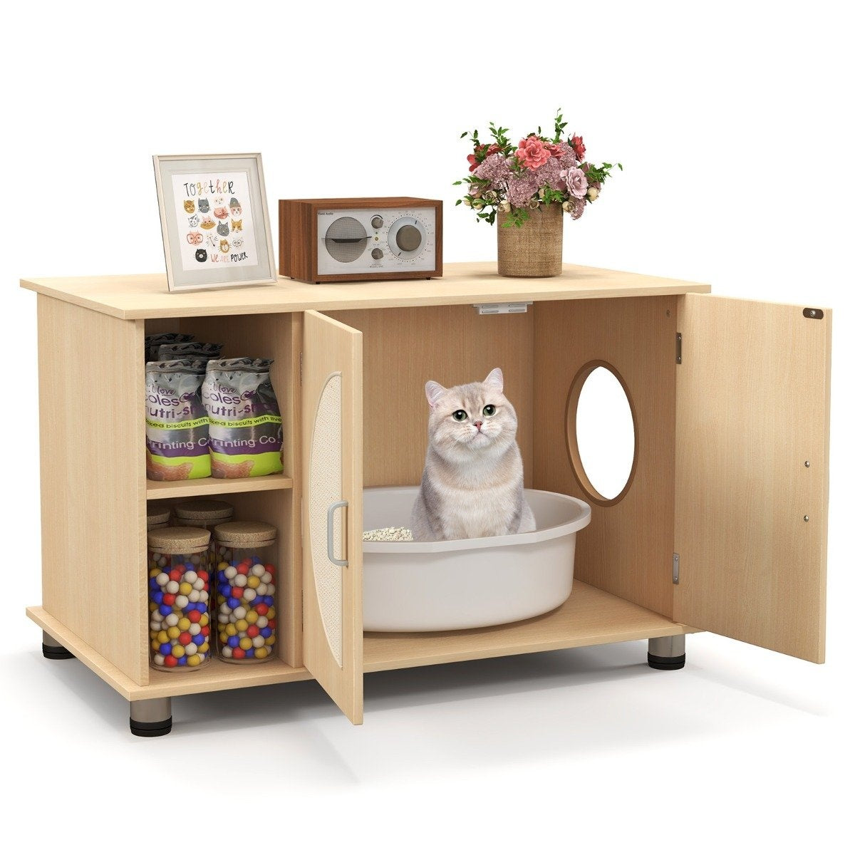 Cat cupboard for cat toilet with sisal scratching doors & cat hole cat toilet cupboard 82 x 48 x 52 cm