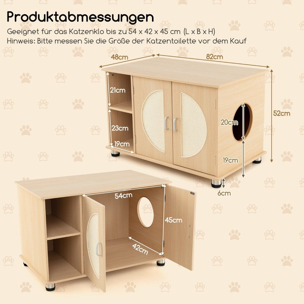 Cat cupboard for cat toilet with sisal scratching doors & cat hole cat toilet cupboard 82 x 48 x 52 cm
