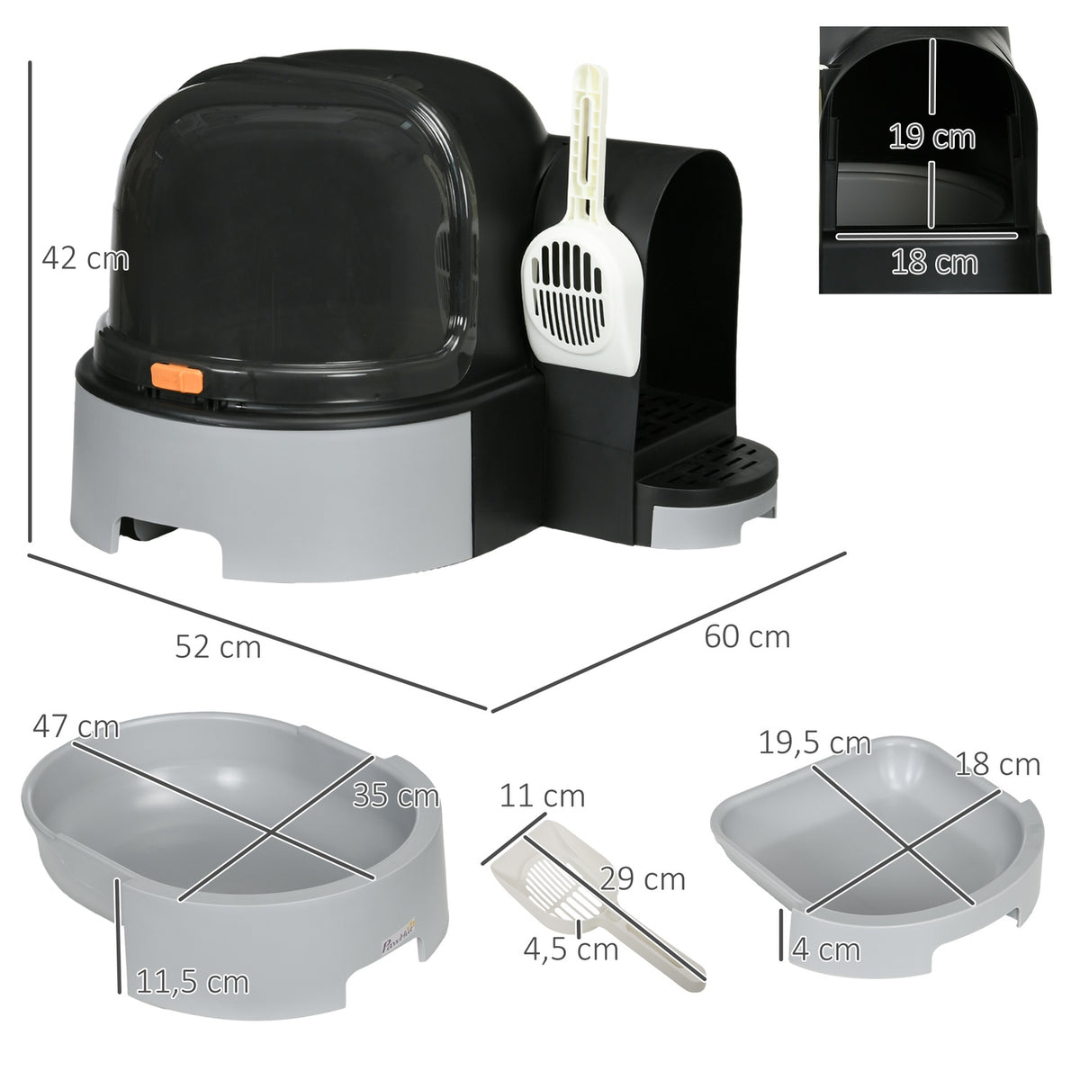 Cat house cat toilet 2 pull-out floor trays hood scoop for cats up to 4kg gray 52x60x42cm