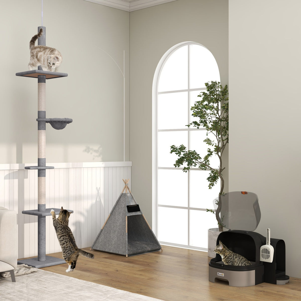 Cat house cat toilet 2 pull-out floor trays hood scoop for cats up to 4kg gray 52x60x42cm