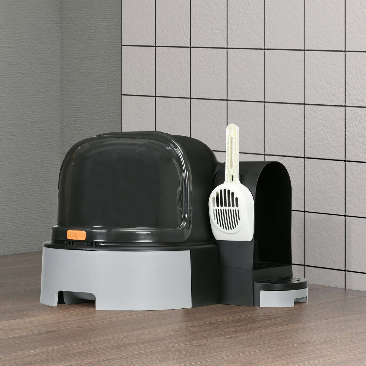 Cat house cat toilet 2 pull-out floor trays hood scoop for cats up to 4kg gray 52x60x42cm