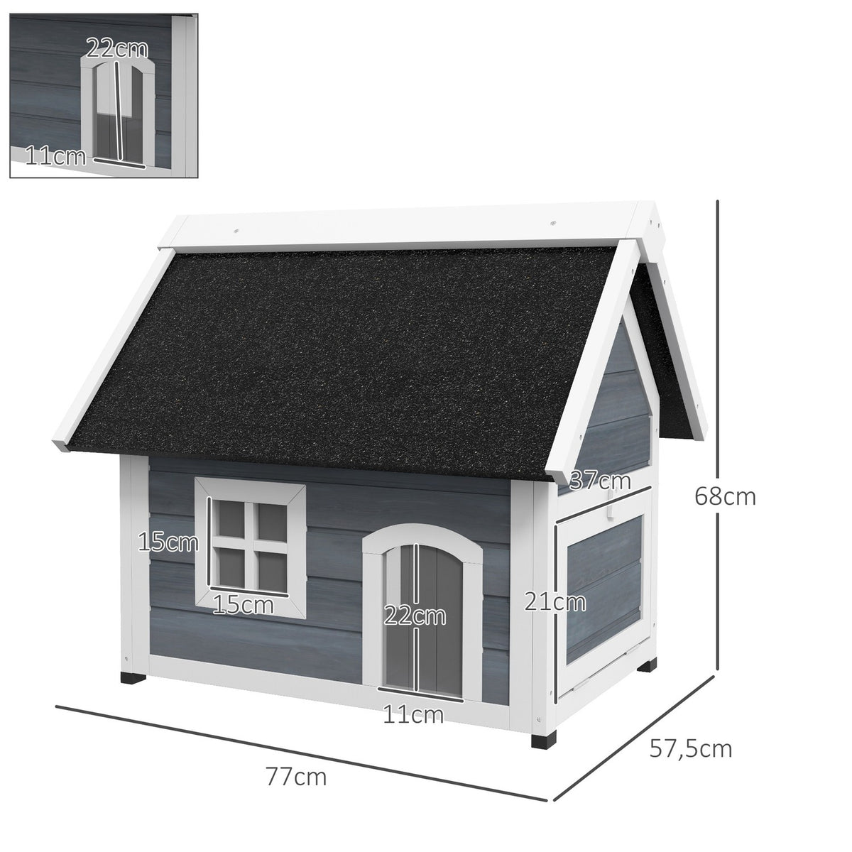 Cat house, wooden cat cave, with hinged asphalt roof, weatherproof cat house with window, 3 doors, 77 x 57.5 x 68 cm, gray