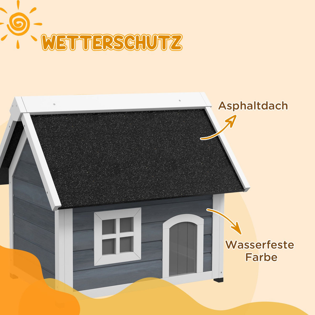 Cat house, wooden cat cave, with hinged asphalt roof, weatherproof cat house with window, 3 doors, 77 x 57.5 x 68 cm, gray