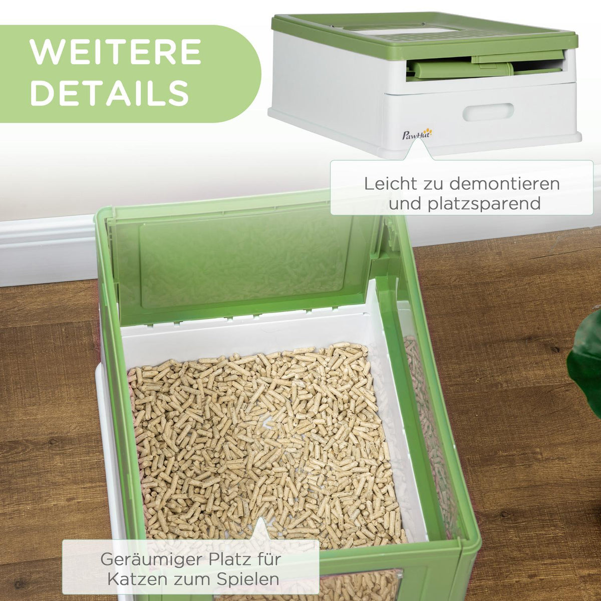 Cat litter box, cat litter box with lid, cat house with bottom tray, scoop, deodorizing box, plastic, 47.5 x 35.5 x 36.7 cm
