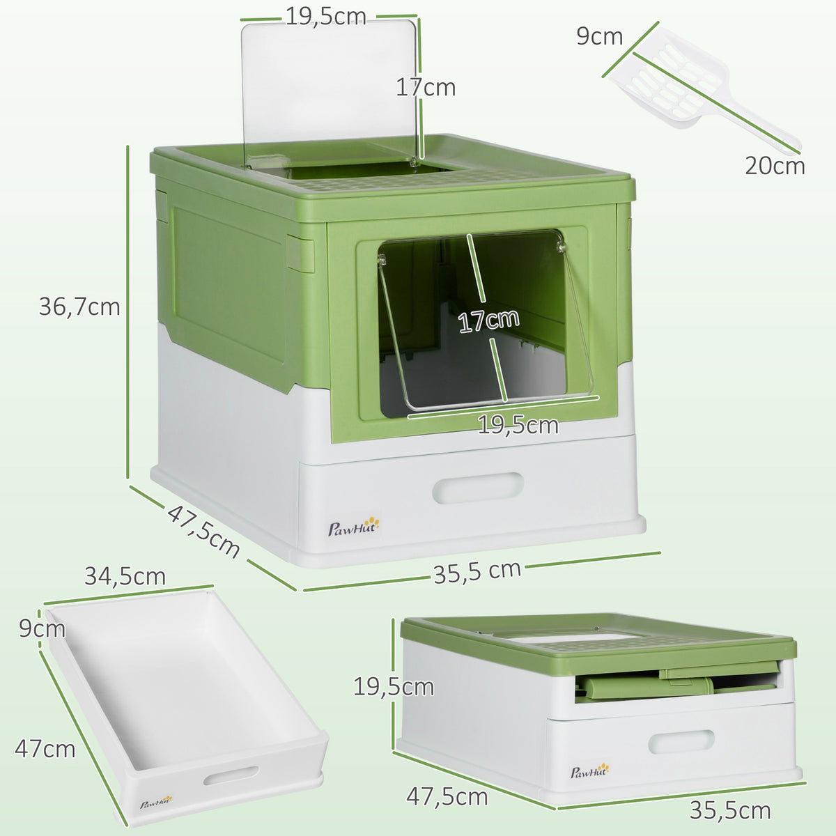 Cat litter box, cat litter box with lid, cat house with bottom tray, scoop, deodorizing box, plastic, 47.5 x 35.5 x 36.7 cm