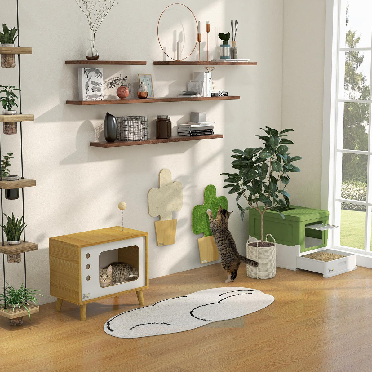 Cat litter box, cat litter box with lid, cat house with bottom tray, scoop, deodorizing box, plastic, 47.5 x 35.5 x 36.7 cm