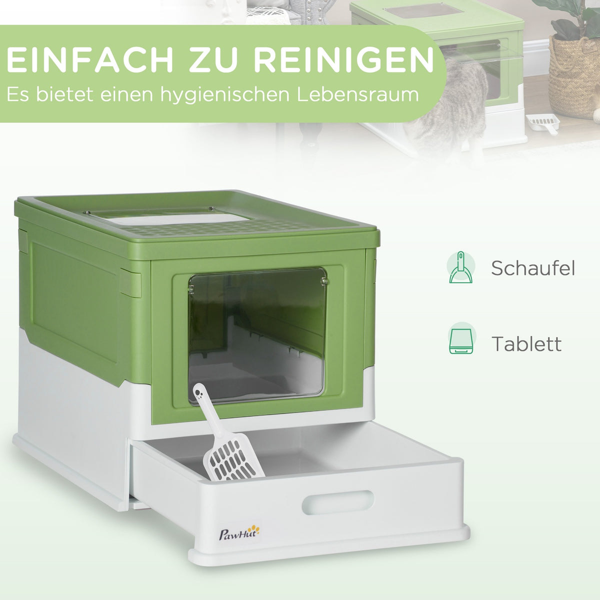 Cat litter box, cat litter box with lid, cat house with bottom tray, scoop, deodorizing box, plastic, 47.5 x 35.5 x 36.7 cm
