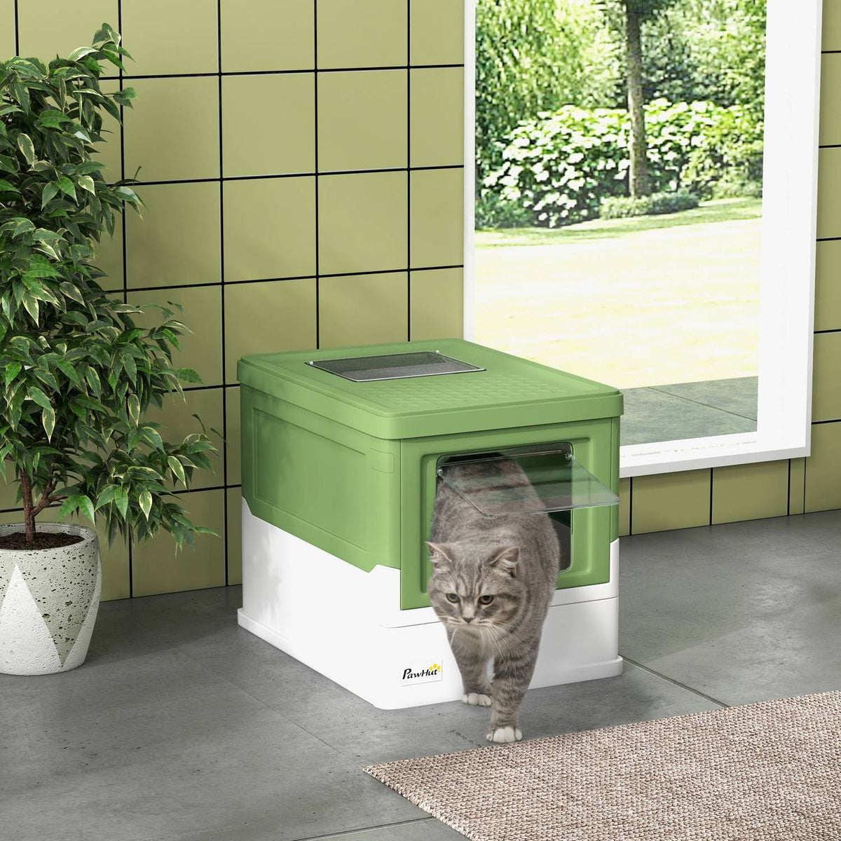 Cat litter box, cat litter box with lid, cat house with bottom tray, scoop, deodorizing box, plastic, 47.5 x 35.5 x 36.7 cm