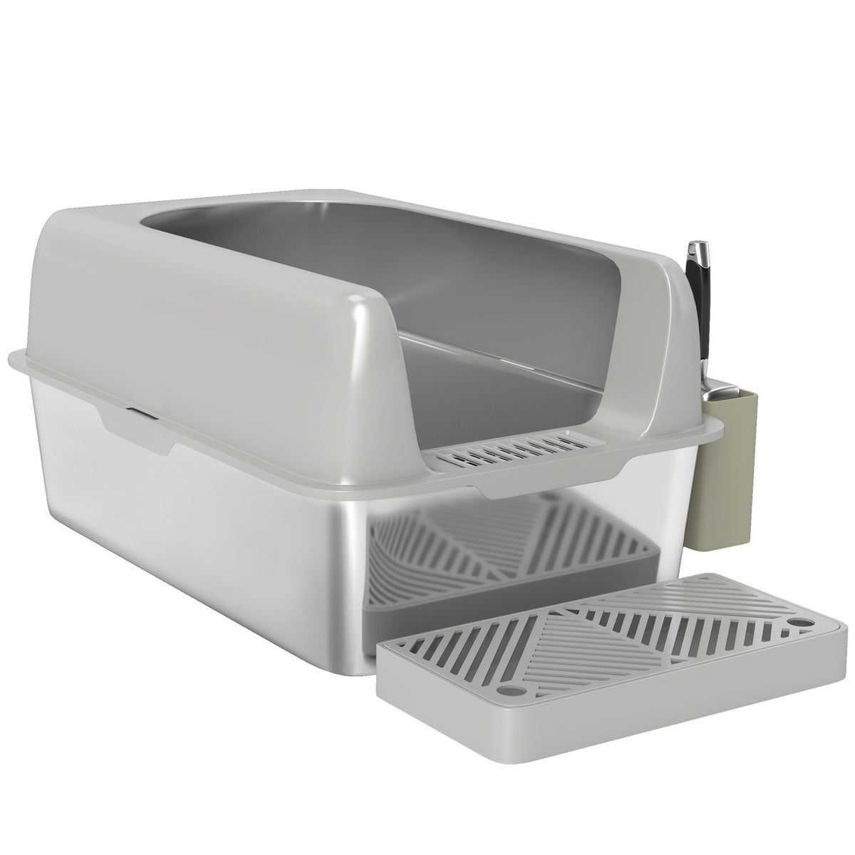 Cat litter box with lid, cat litter box with scoop, stainless steel tub, cat toilet house with storage box for cats under 4.5 kg, indoor, light gray