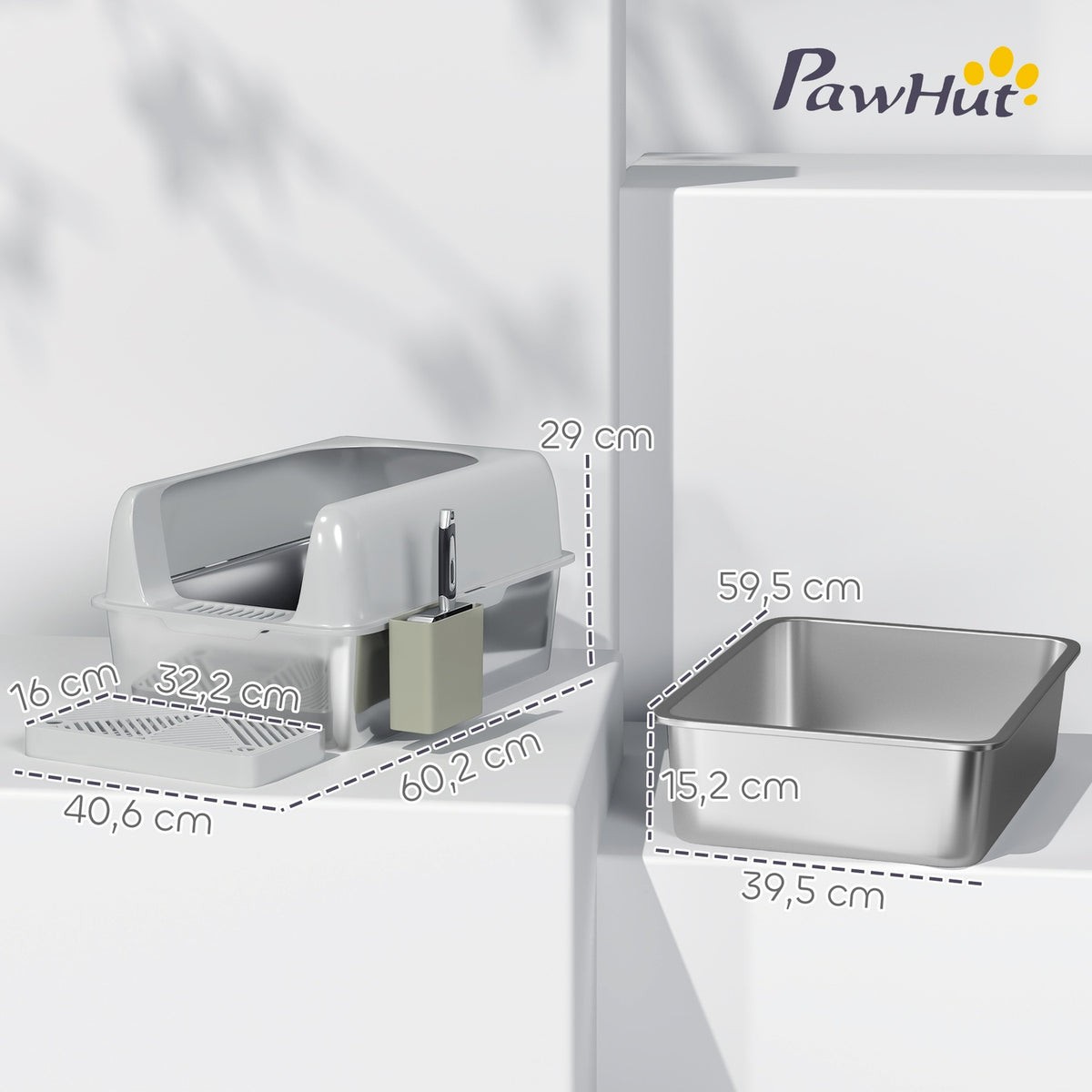 Cat litter box with lid, cat litter box with scoop, stainless steel tub, cat toilet house with storage box for cats under 4.5 kg, indoor, light gray