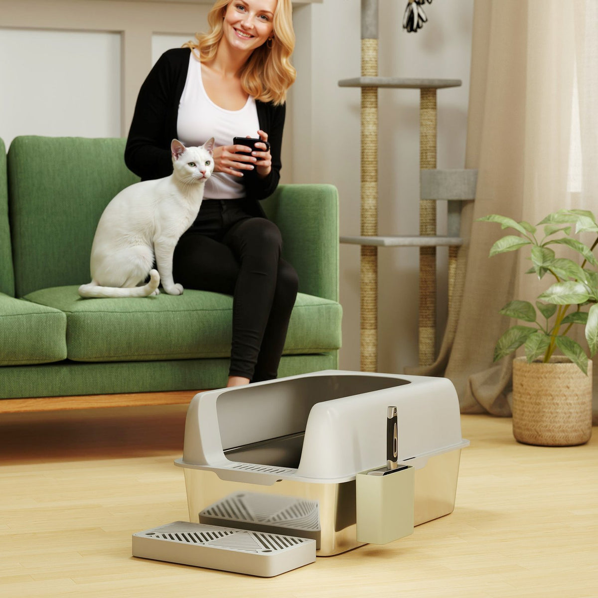 Cat litter box with lid, cat litter box with scoop, stainless steel tub, cat toilet house with storage box for cats under 4.5 kg, indoor, light gray