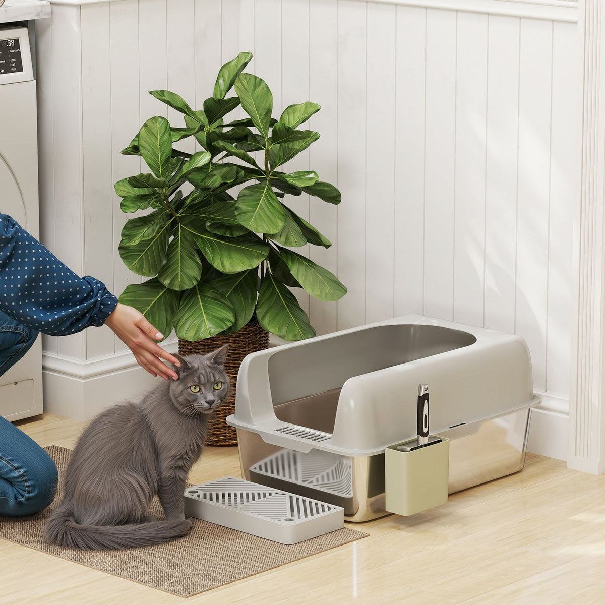 Cat litter box with lid, cat litter box with scoop, stainless steel tub, cat toilet house with storage box for cats under 4.5 kg, indoor, light gray