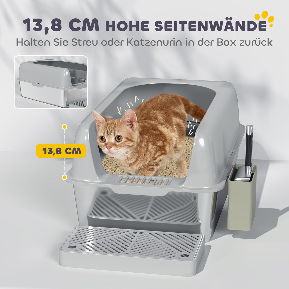 Cat litter box with lid, cat litter box with scoop, stainless steel tub, cat toilet house with storage box for cats under 4.5 kg, indoor, light gray
