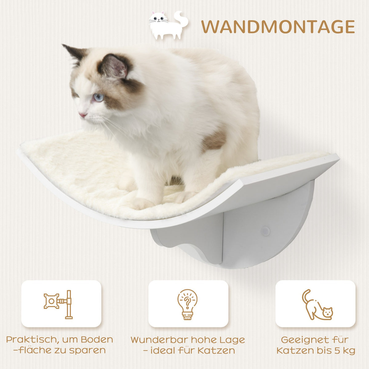 Cat lounger, cat wall lounger, cat bed, cat shelf, wall-mounted plush cushion, white, 41 x 28 x 21 cm