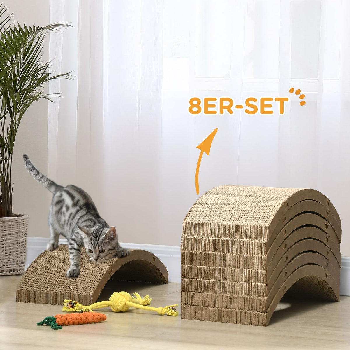 Cat scratching board, set of 8 recyclable scratching cardboard, corrugated cardboard scratching mats for cat exercise wheels, cats up to 5 kg, 55 x 25.5 x 3 cm, brown
