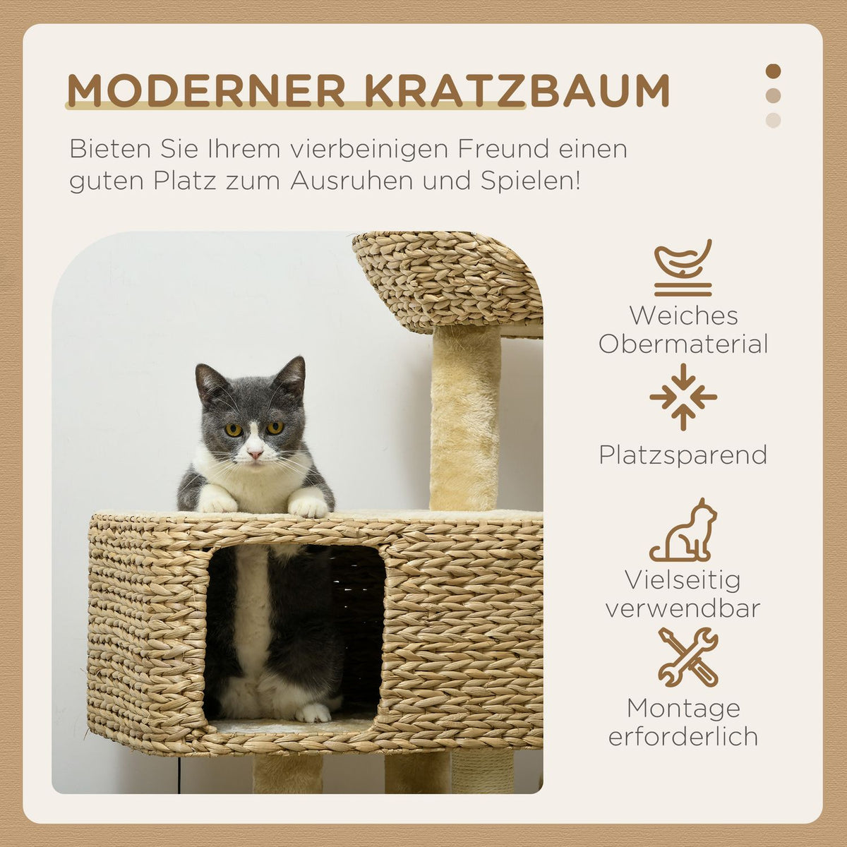 Cat scratching post 98 cm cat tree with 2 lying surfaces, cat scratching post play ball for cats up to 6 kg, cat furniture, sisal, beige