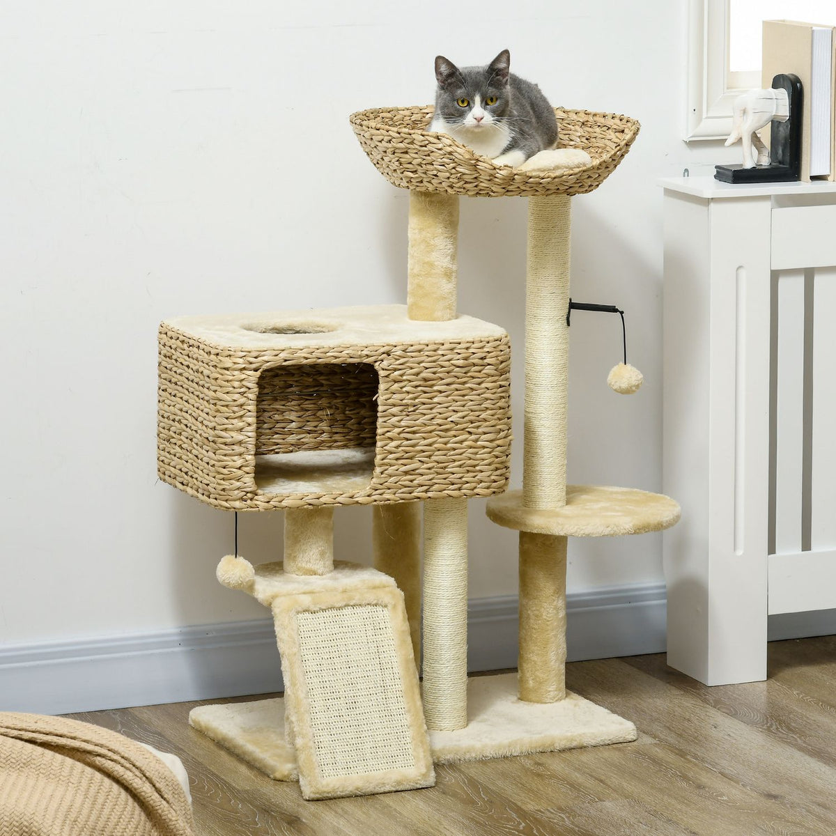 Cat scratching post 98 cm cat tree with 2 lying surfaces, cat scratching post play ball for cats up to 6 kg, cat furniture, sisal, beige