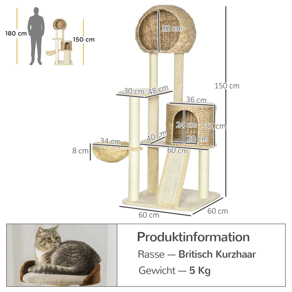 Cat scratching post with rattan cat house, multiple platforms, hammock & ramp, anti-tip, plush, beige, 60 x 60 x 150 cm