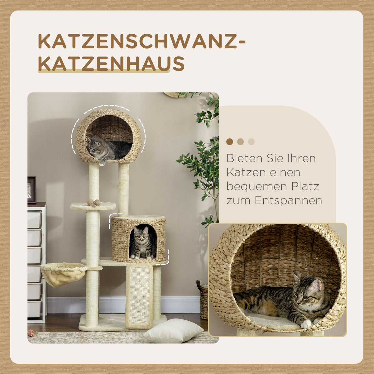 Cat scratching post with rattan cat house, multiple platforms, hammock & ramp, anti-tip, plush, beige, 60 x 60 x 150 cm