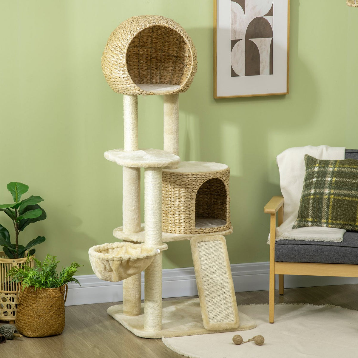 Cat scratching post with rattan cat house, multiple platforms, hammock & ramp, anti-tip, plush, beige, 60 x 60 x 150 cm