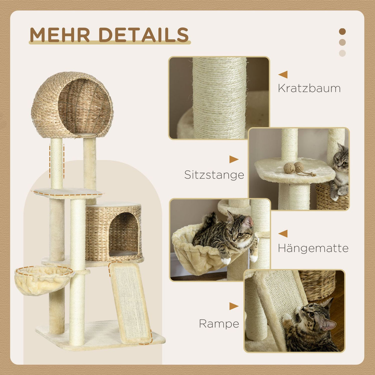 Cat scratching post with rattan cat house, multiple platforms, hammock & ramp, anti-tip, plush, beige, 60 x 60 x 150 cm