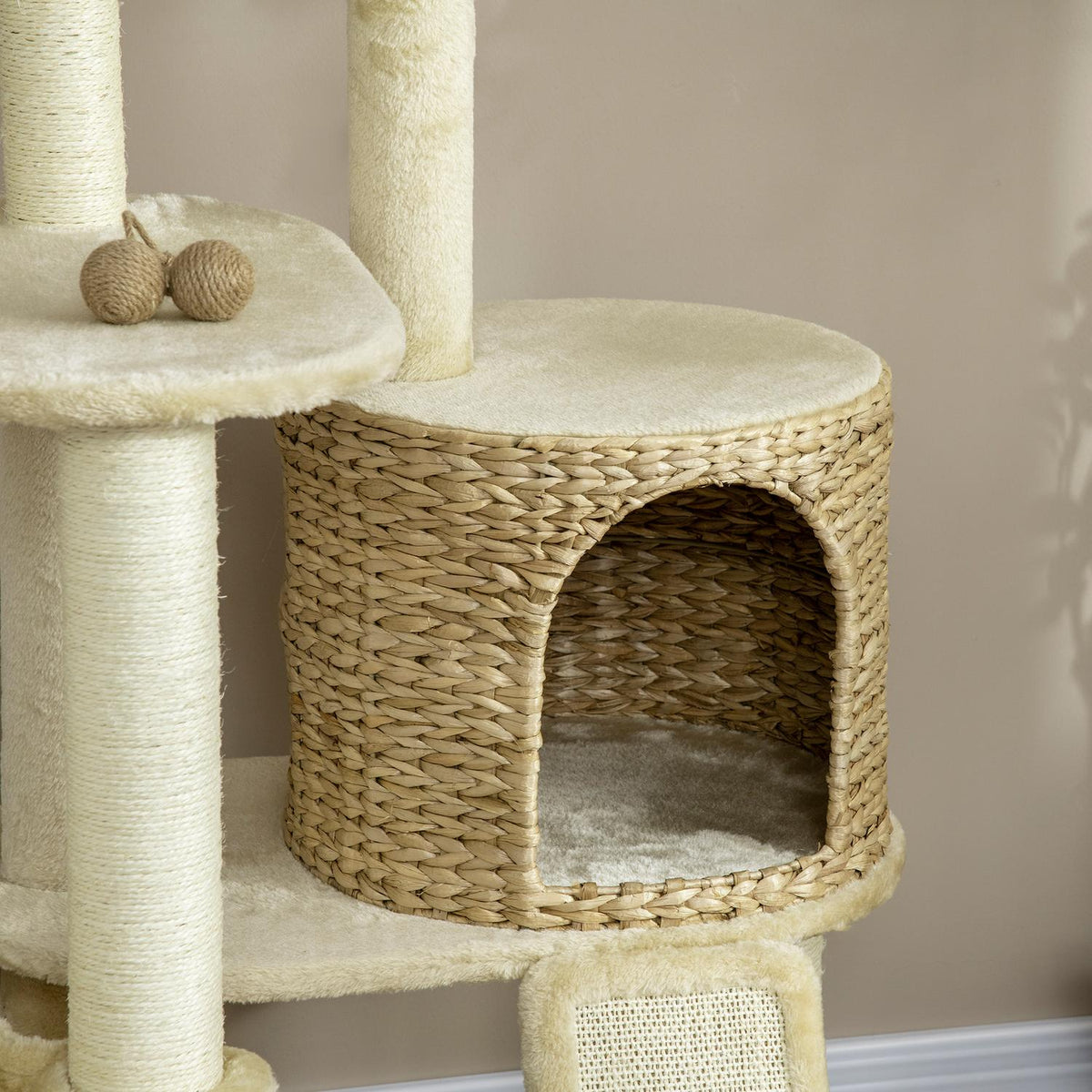 Cat scratching post with rattan cat house, multiple platforms, hammock & ramp, anti-tip, plush, beige, 60 x 60 x 150 cm