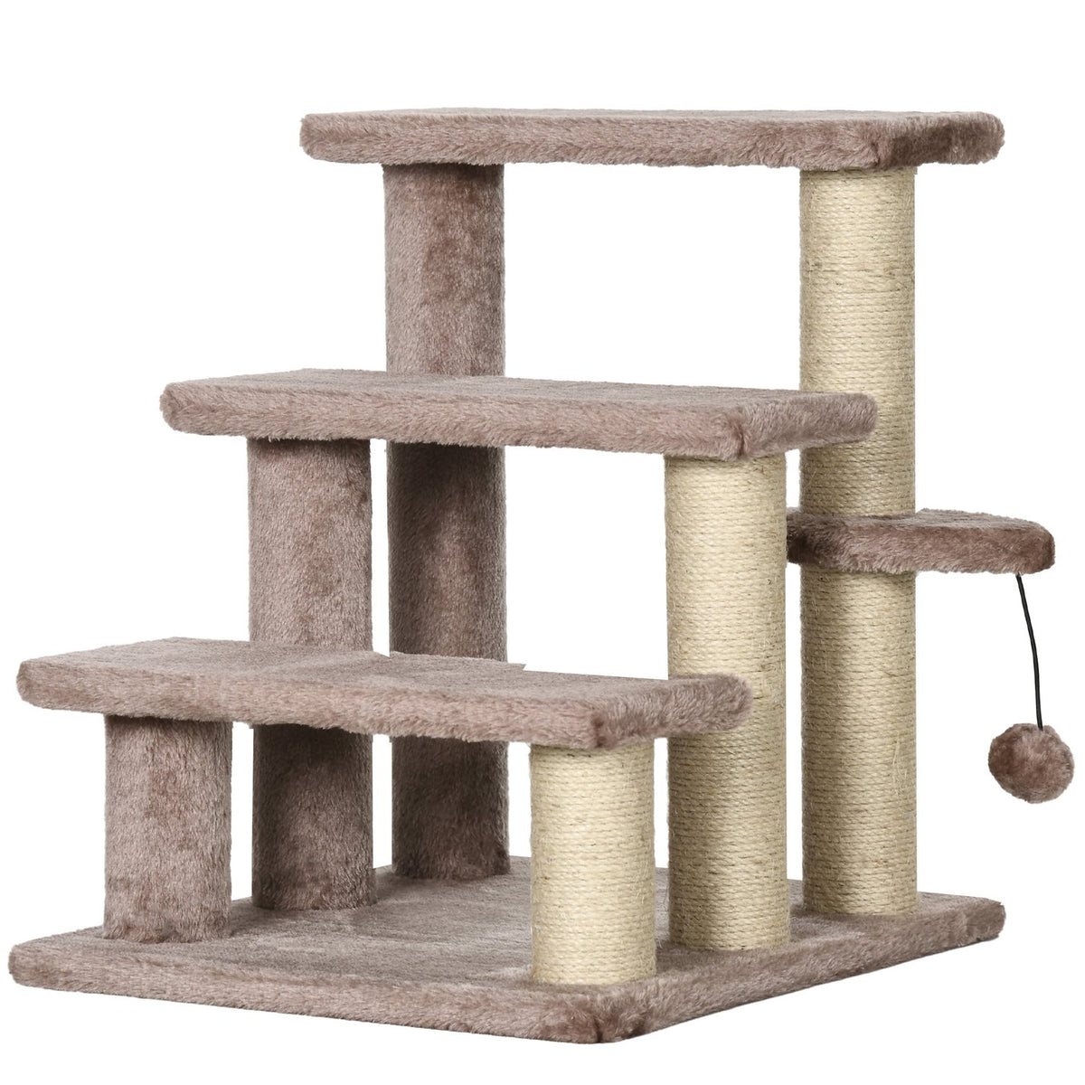 Cat stairs, animal stairs for cats, dog stairs, 3 steps, with scratching posts, play ball, plush, brown, 45x40x48cm