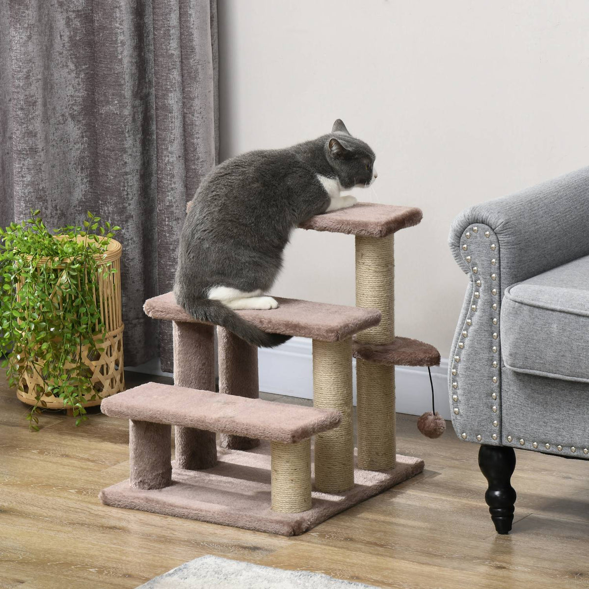 Cat stairs, animal stairs for cats, dog stairs, 3 steps, with scratching posts, play ball, plush, brown, 45x40x48cm