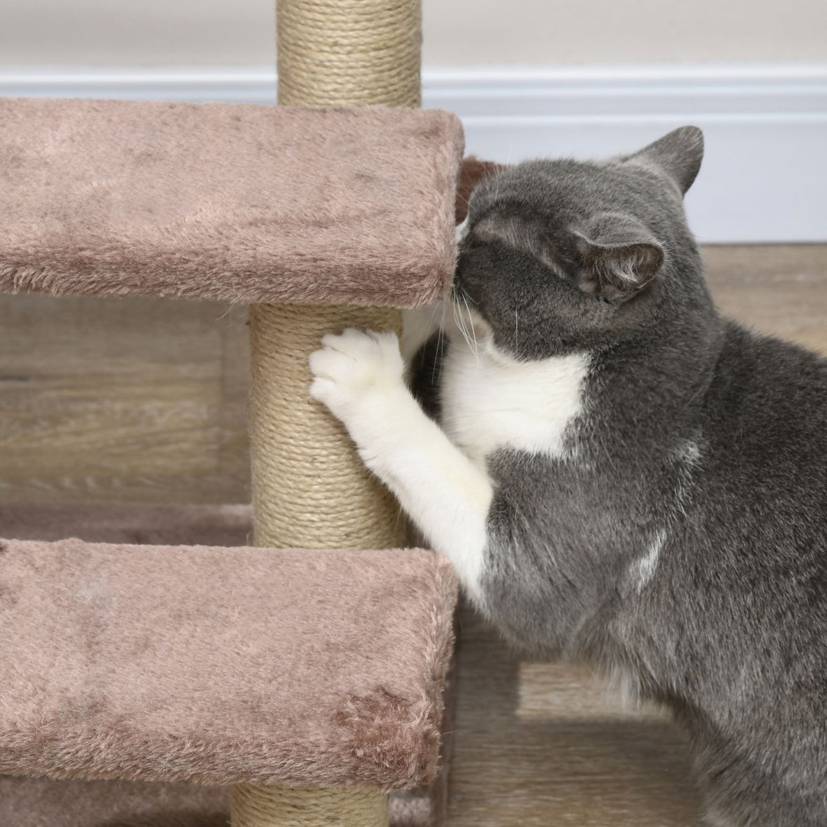 Cat stairs, animal stairs for cats, dog stairs, 3 steps, with scratching posts, play ball, plush, brown, 45x40x48cm