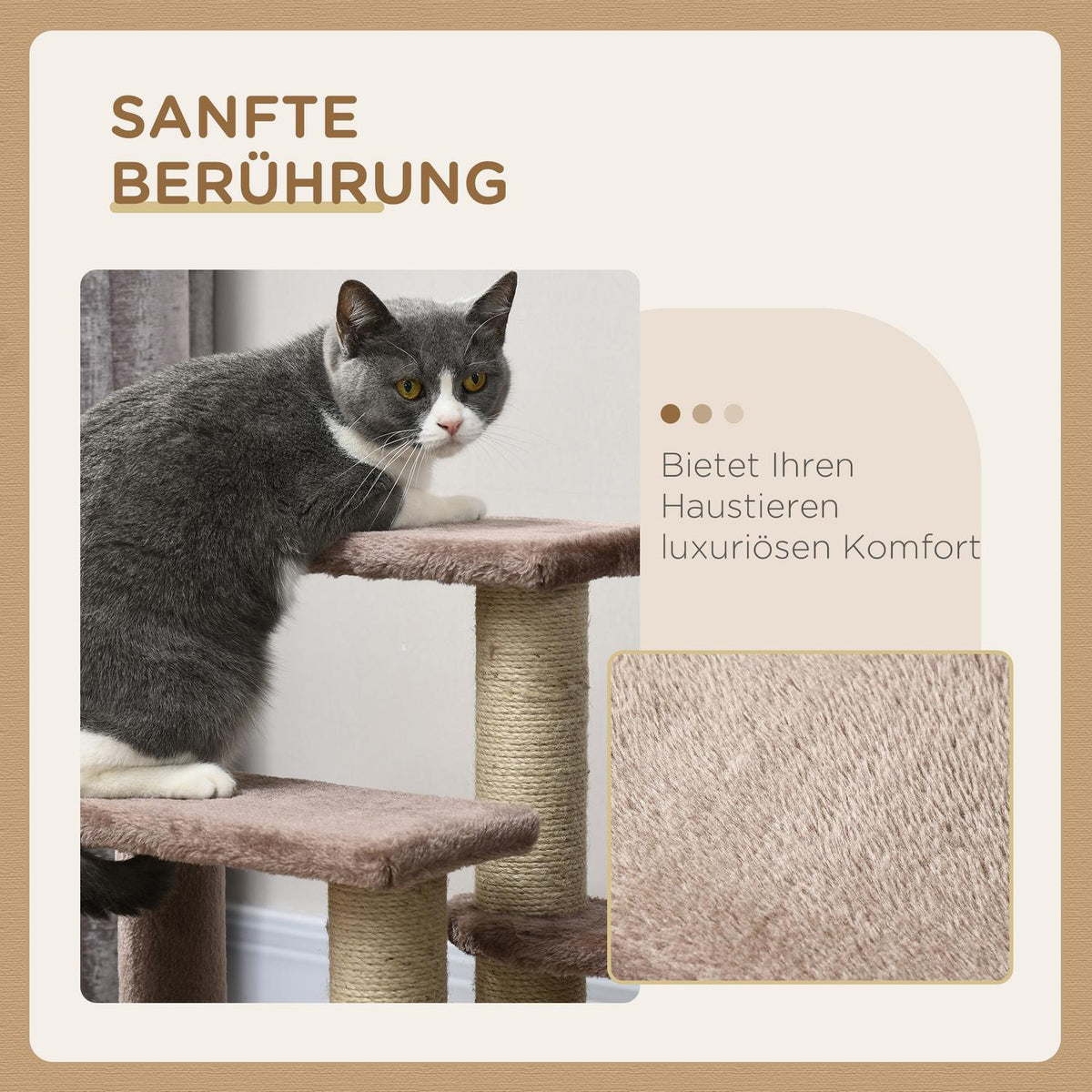 Cat stairs, animal stairs for cats, dog stairs, 3 steps, with scratching posts, play ball, plush, brown, 45x40x48cm