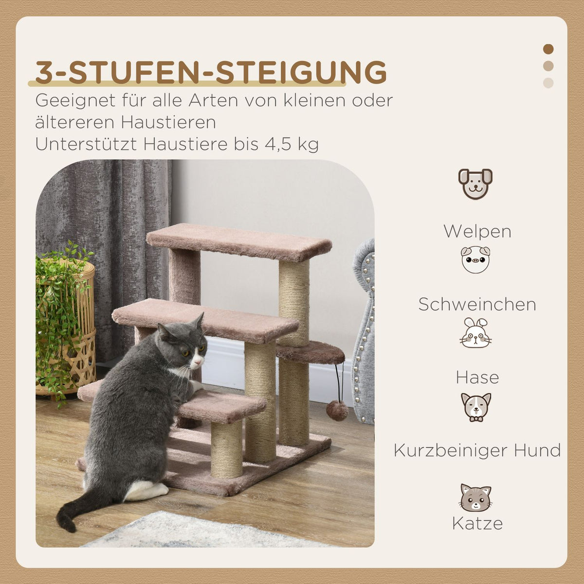 Cat stairs, animal stairs for cats, dog stairs, 3 steps, with scratching posts, play ball, plush, brown, 45x40x48cm