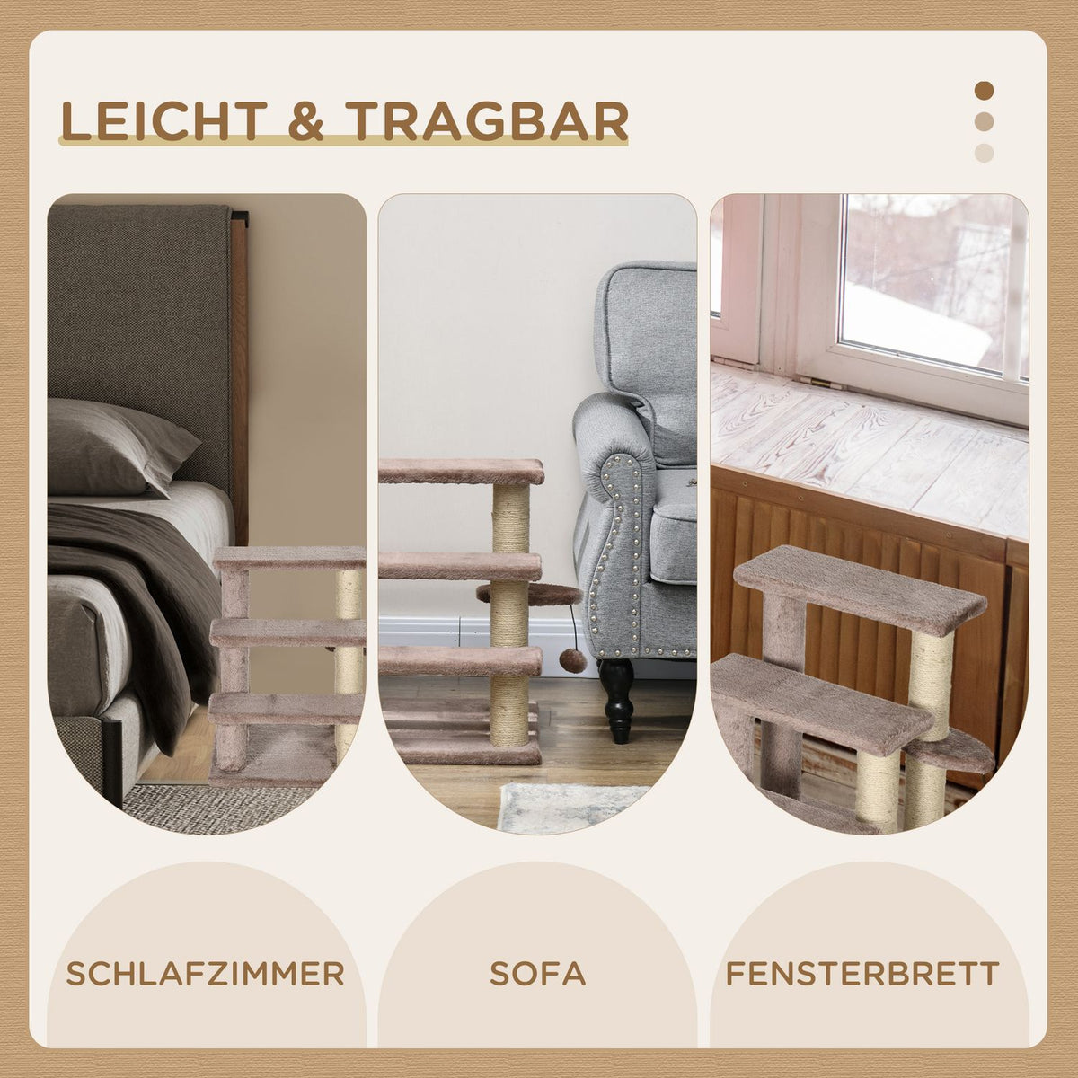 Cat stairs, animal stairs for cats, dog stairs, 3 steps, with scratching posts, play ball, plush, brown, 45x40x48cm