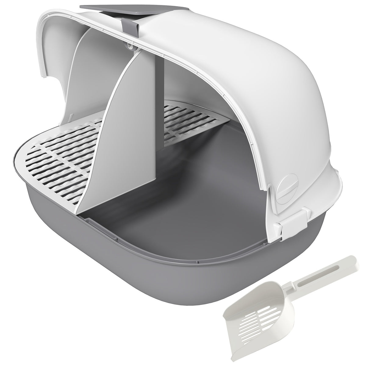 Cat toilet with lid, cat litter box with sieve, door, scoop, closed cat toilet house for small cats under 3.5 kg, indoor, plastic, light grey